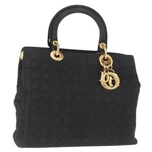 Christian Dior Lady Dior Canage Hand Bag Nylon Black Gold Auth bs32111